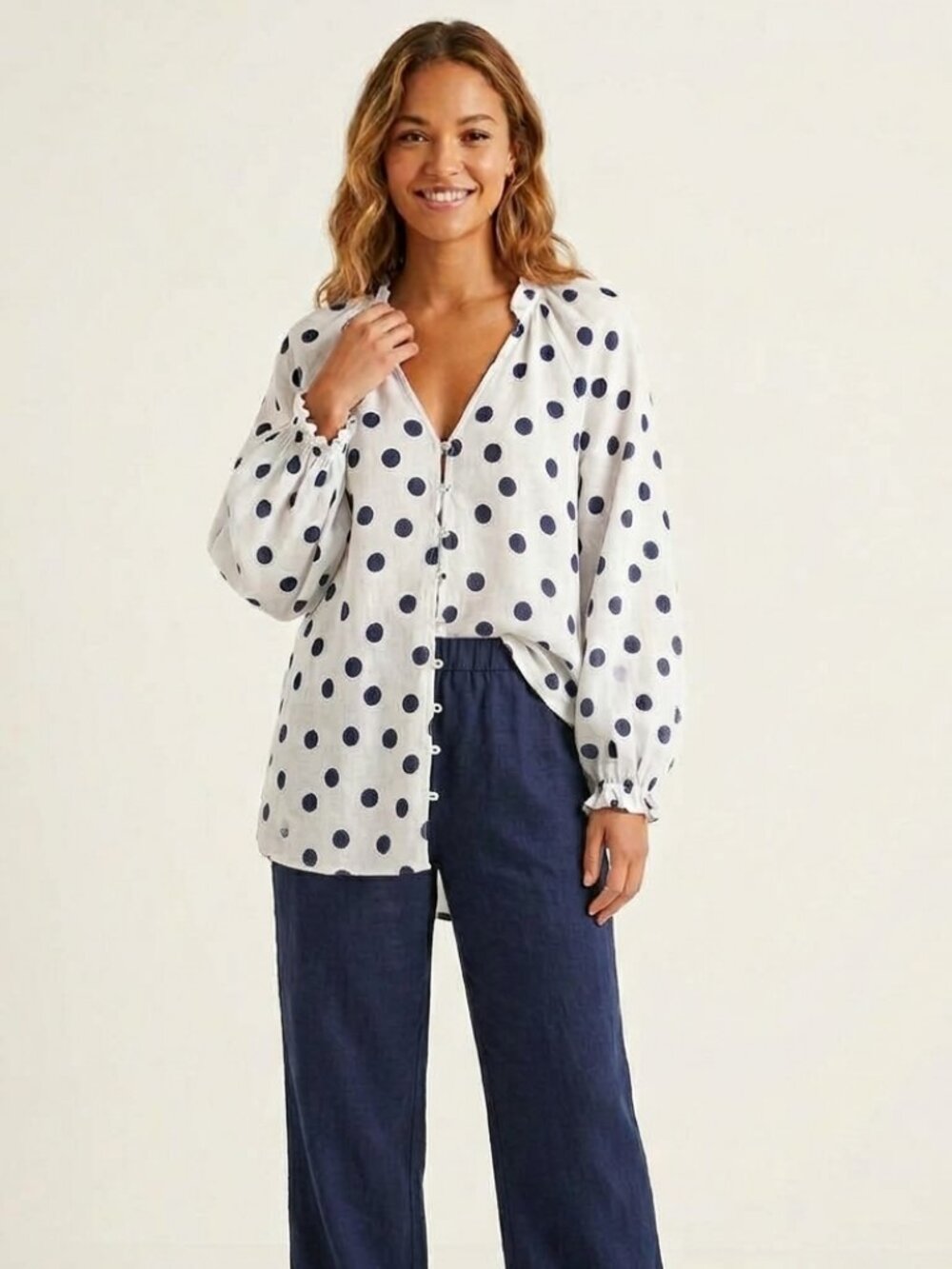 Maeve The Audie Linen Navy and White Polka Dot Blouse Size XL